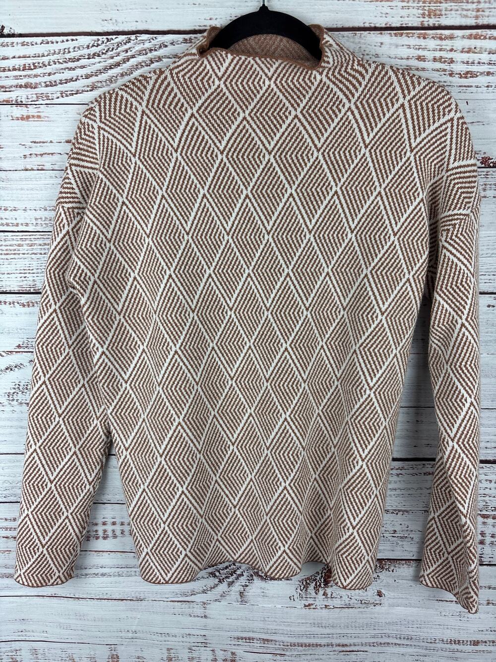 Halston Orange White Geometric Knit Mock Neck Sweater Casual Office Womens M